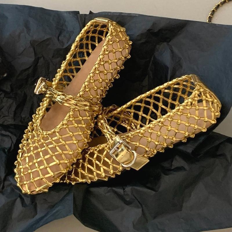 Fashion Luxury Hollow Gold Woven Ballet Flats Women Fashion Round Toe Buckle Brand Designer Shoes Comfortable Shallow Mary Jane Shoes