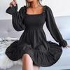 Summer Spring Flared Swing Dress Square Neck Long Sleeve Ruffled Solid Color A Line All Match Sizes S to XL