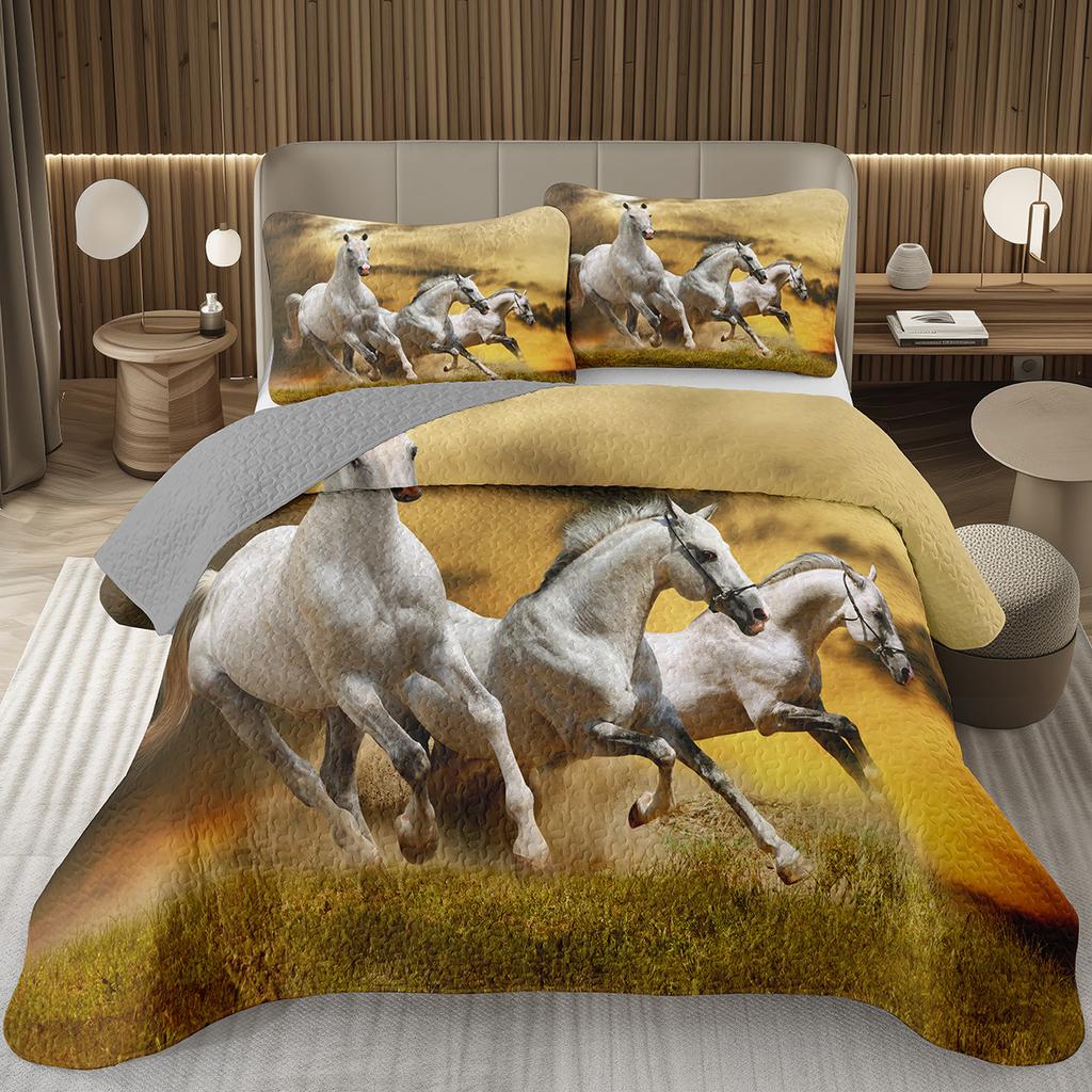 Running Wild Horses Print Quilted Bedspread Coverlet 2/3-Piece Rustic Bedding Set Reversible Lightweight Quilt Set Queen/Full