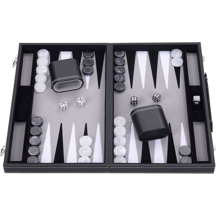 Luxury Backgammon 18" 45.5 Cm - High Quality - Faux Leather, Special Inlaid Felt, Pearly Chips and Dice (Black/White/Grey)