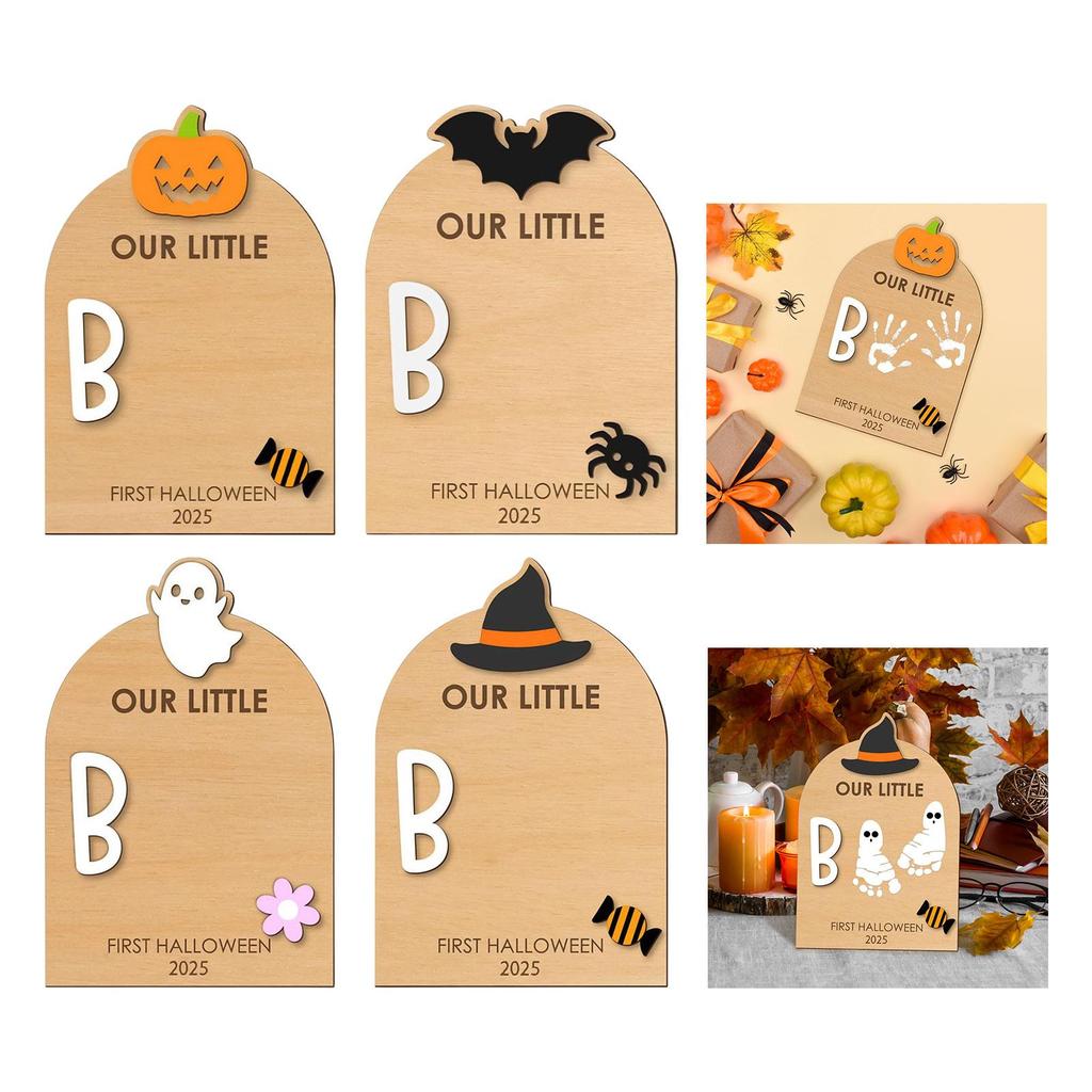 Baby's First Halloween Footprint Plaque DIY,Nursery Gift Ornament Wooden Milestone Card for Home Party Art Craft Newborn Family