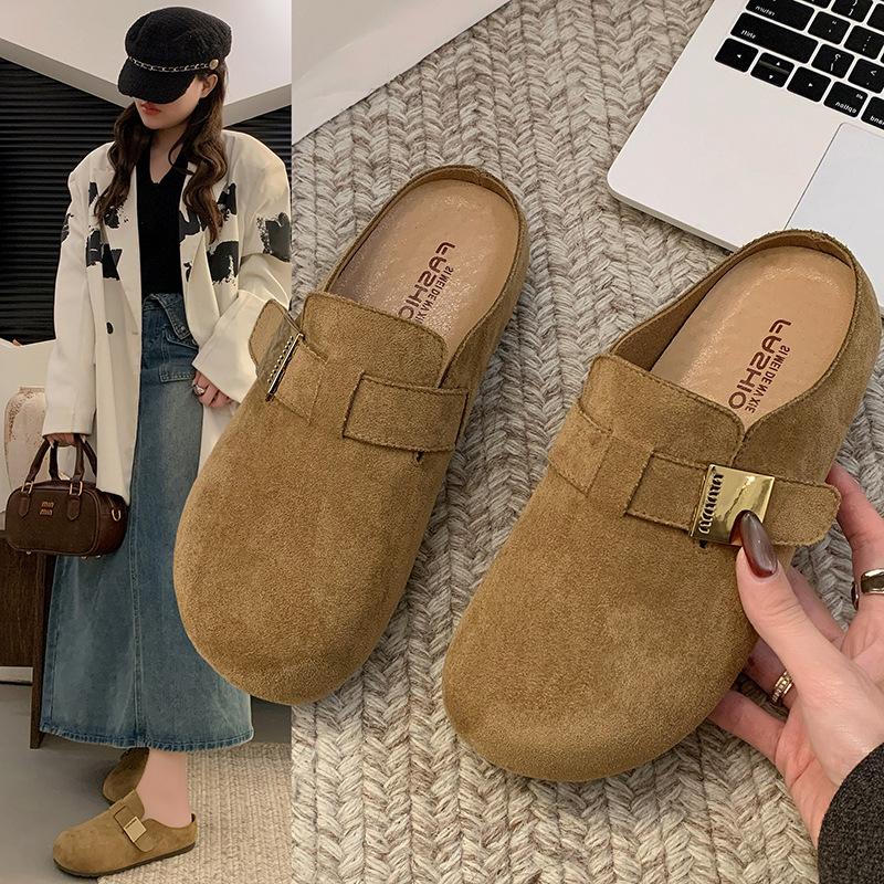 

2025 осень новый плоская подошва внутренняя высота увеличение ретро мягкая подошва полушлепанцы ленивые бокен обувь биркен обувь сумка голова шлепанцы женские 40 хаки