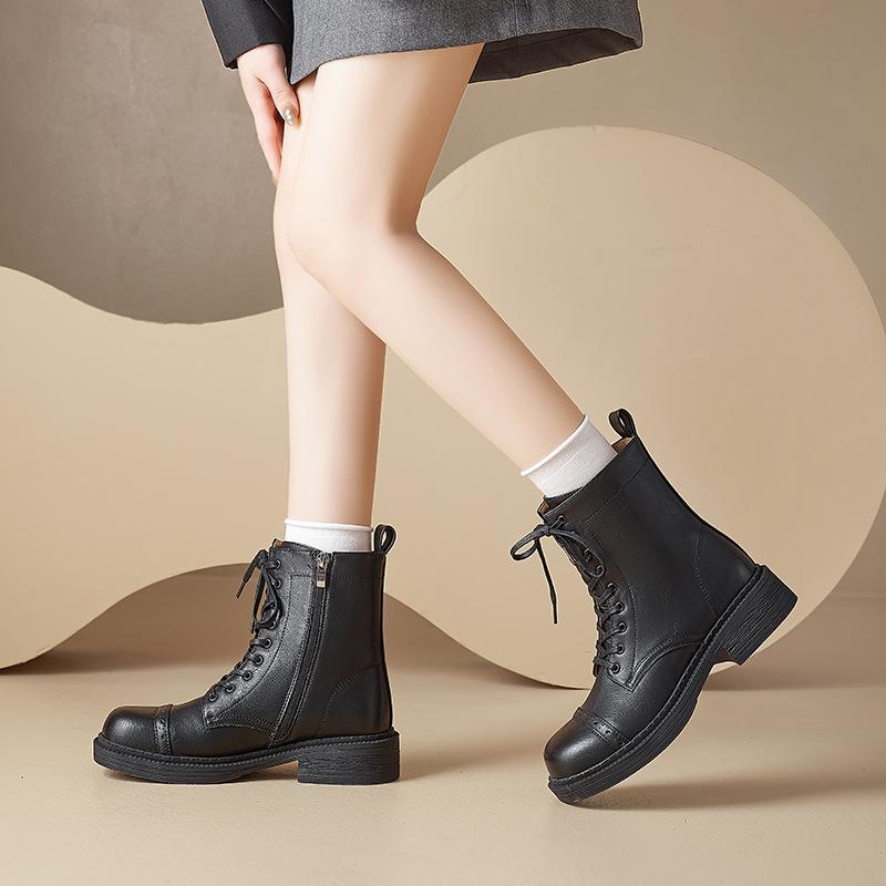 Augustine Martin Boots Women's 2025 New Spring and Autumn Retro British Style Thick-soled Black Knight Short Boots with Skirt