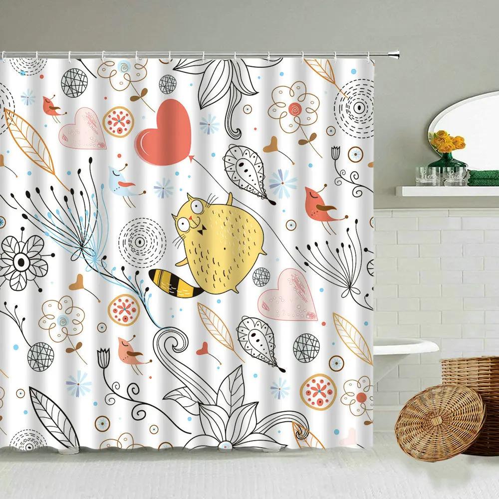 Cartoon Handbemalter Tier Duschvorhang, Katze, Vogel, Kaninchen, Pflanze, Blume, Kinder Badezimmer Dekor mit Haken, Hängender Sichtschutz