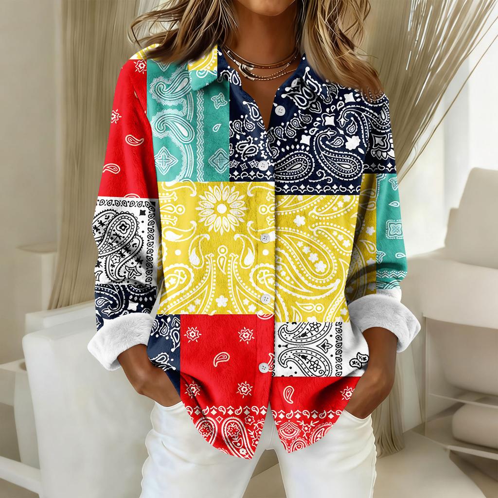 Camicia da donna, camicetta, stampa, bottoni, manica lunga, casual, basic, colletto, regolare