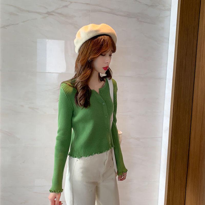Women's Wooden Ear Knitted Cardigan Short Spring and Autumn Thin Fashion Slim Sweater Coat