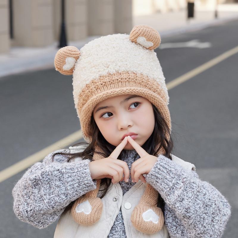 Kids Knit Hat With Heart Ears For Winter Warmth And Wind Resistance