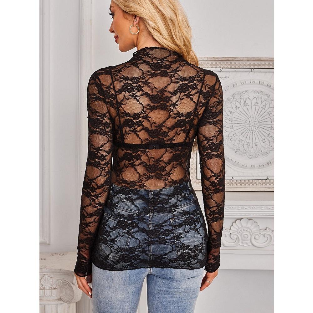 Dámské síťované průhledné krajkové topy s výstřihem do O-kroju a dlouhým rukávem, dámské slim fit květinové výšivkové topy, dámská trička