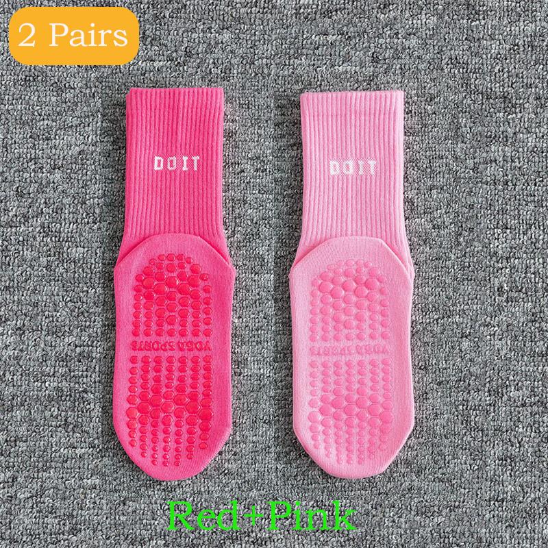 2 Pairs Sports Socks Cotton Mid-calf Yoga Socks Solid Striped Breathable Anti-slip Indoor Fitness Socks Gym Dance Pilates Socks