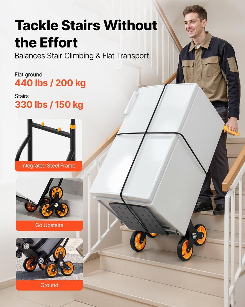 Stair Climbing Cart, 150 kg Stair-Climbing Capacity, Heavy-Duty Folding Trolley Cart with Telescoping Handle, 6 Wheels and 2 Bungee Cords, Stair