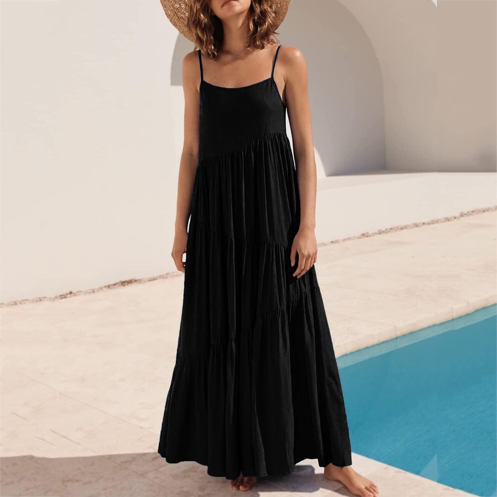 

Женское однотонное богемное повседневное пляжное платье плиссированное нерегулярное платье Пляжное длинное платье S чёрный