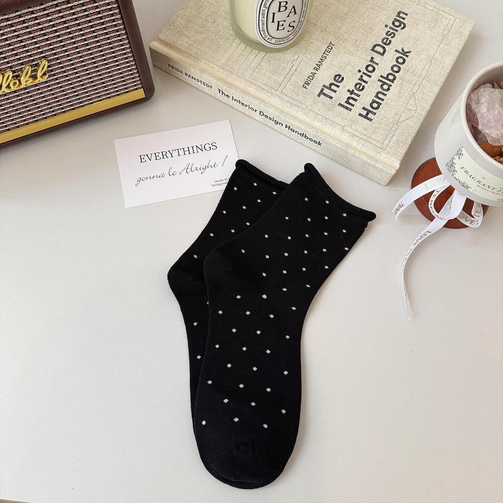 Women's Rolled Edge Polka Dot Mid-Calf Cotton Socks - Pairs Well with Birkenstock Shoes, Loose Fit, Slouchy, Casual Style