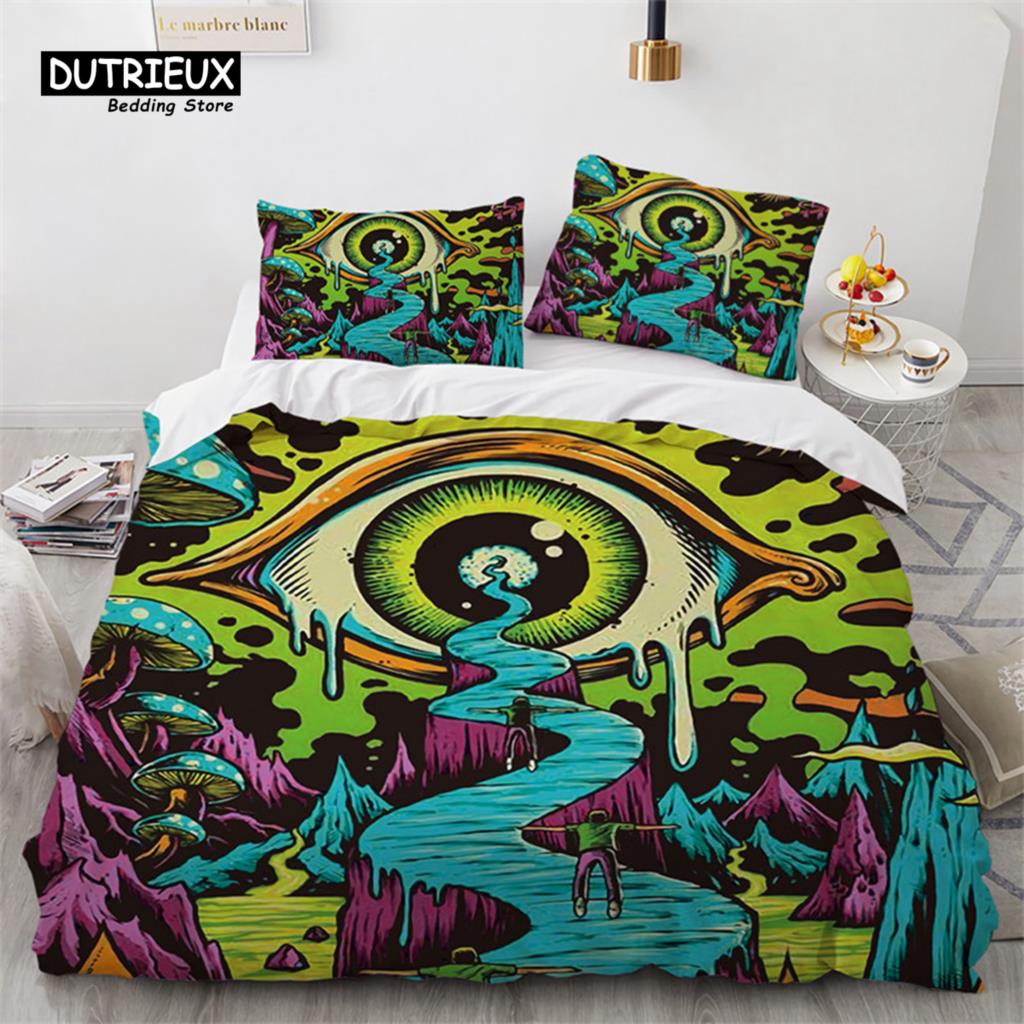3D Barevný Oči Povlak na přikrývku Mikrovlákno Vintage Vševidoucí oko Tetování Povlak na přikrývku Boho Mandala Ložní souprava Plná Jednolůžková King Size
