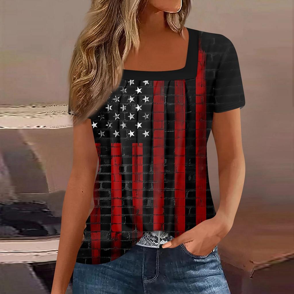 Womens Tops Casual Summer Independence Day Print T Shirts Short Sleeve Square Neck Basic Tee