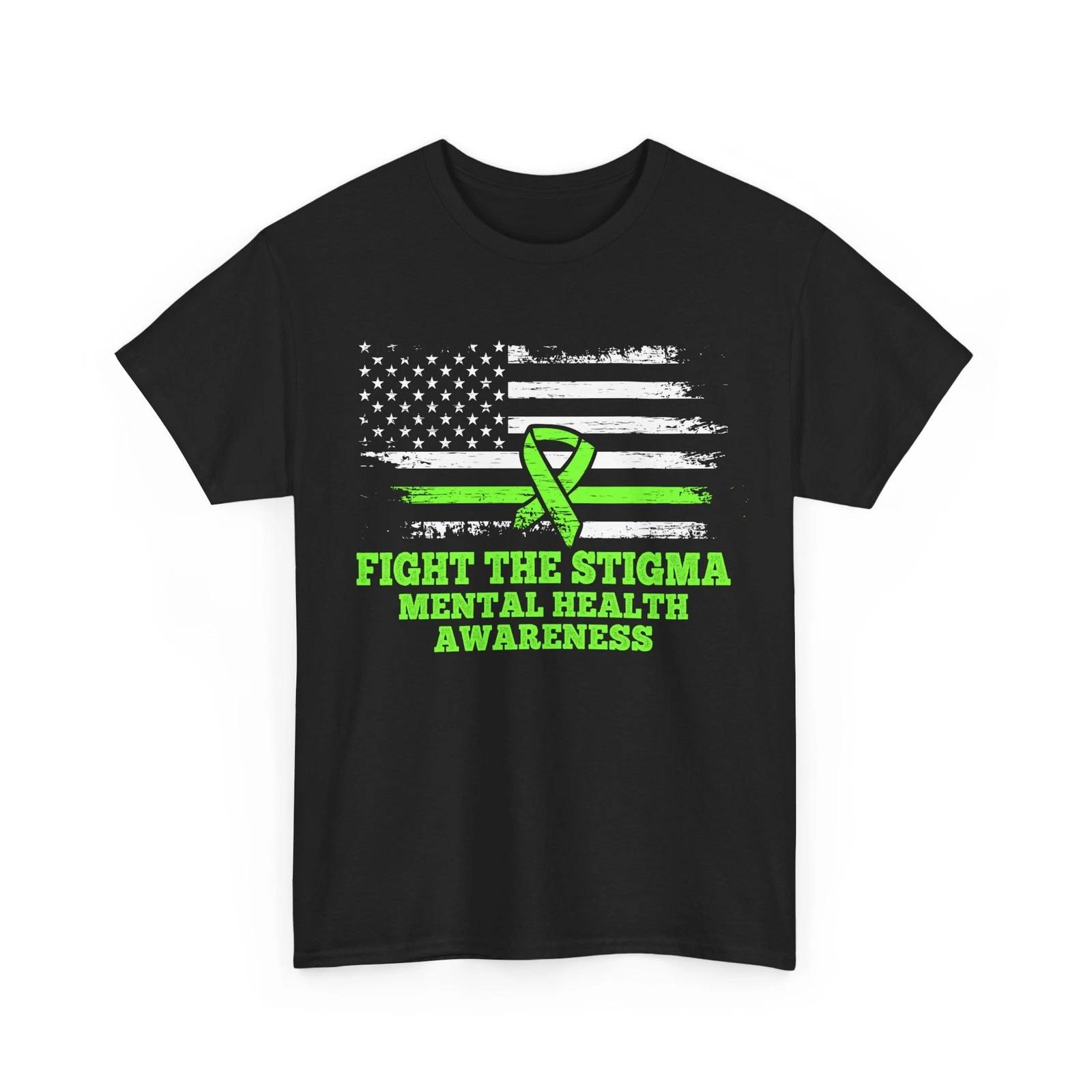 Mental Health Awareness Shirt, Fight The Stigma Green Ribbon American Flag Shirt L