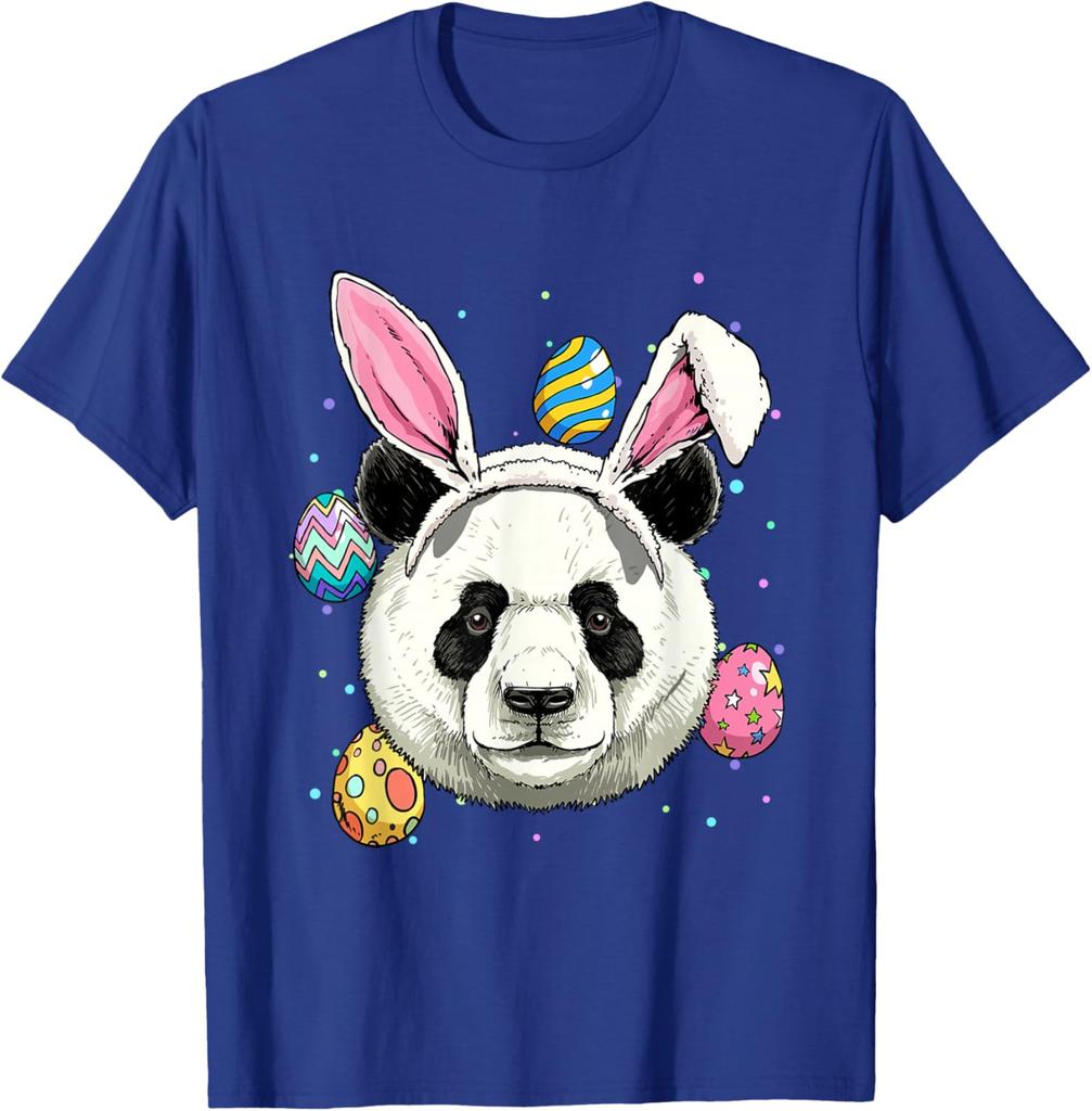 Panda Easter Bunny Ears Eggs Graphic Print Cotton Round Neck T-Shirt Casual Trip Tee