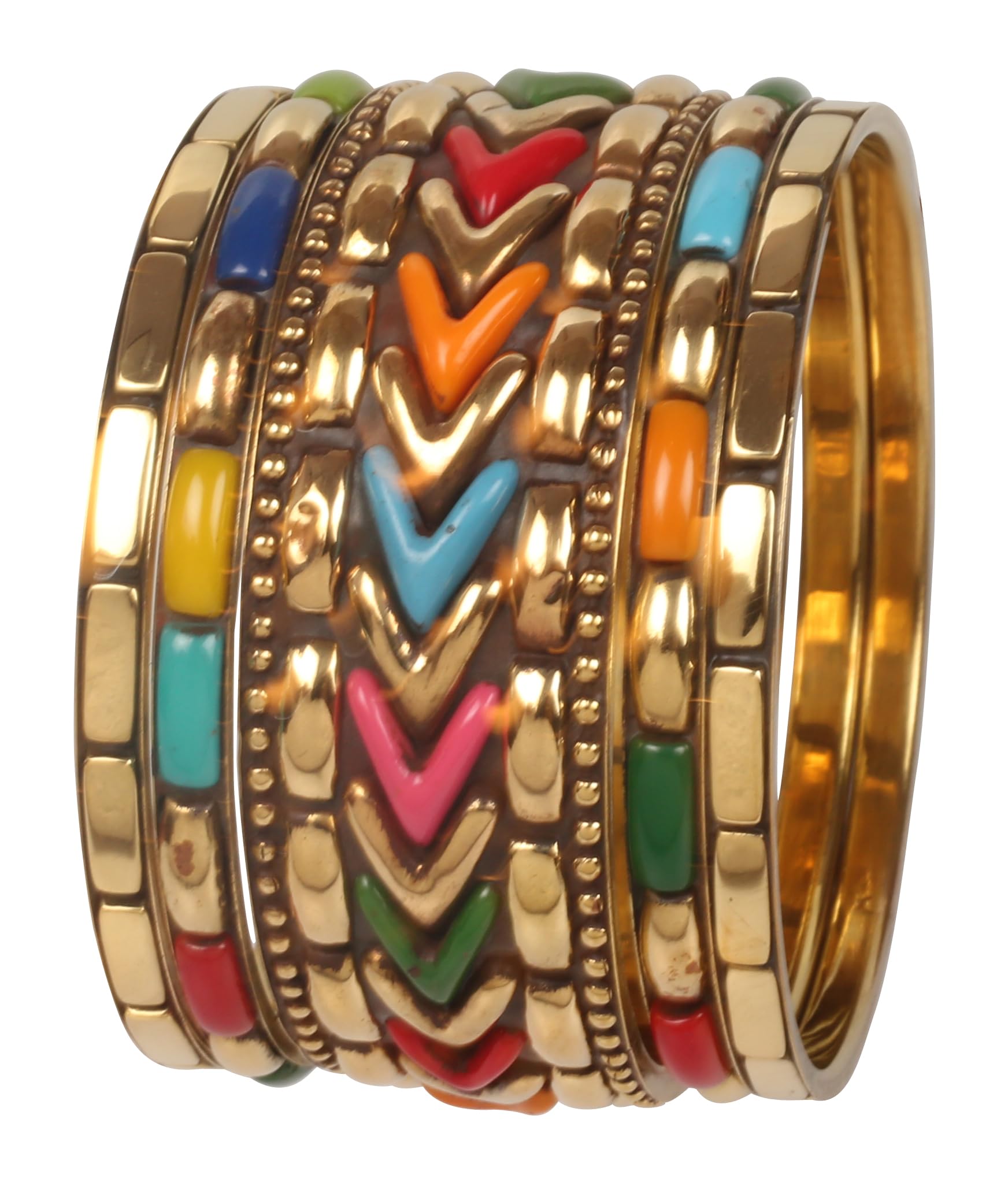 

Touchstone Indian Bollywood Expertly Handcrafted Tribal Bohemian Fashion Multicolor Racked Designer Jewelry Kada Bangle Set of Gold Tone for NEW!