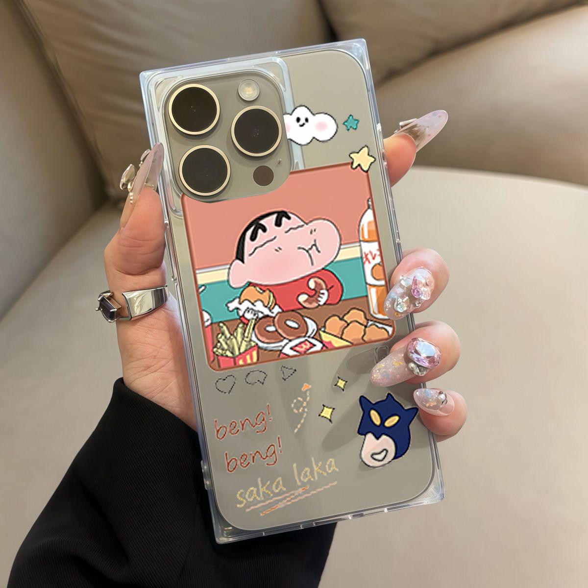 

Прозрачный чехол с квадратной задней крышкой для защиты трубки для iPhone 14 Pro Max 11 16 ProMax 13 15 Plus 12, защита от окисления, чехол с рисунком «Сяосинь ест гамбургеры» iphone 16 Plus