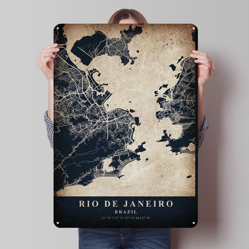 

Rio De Janeiro Brazil Tinplate Signs Map Poster Vintage Interior Decoration Custom Metal Sign for Wall Art Decoration Retro Room 20x30cm（7.8x11.8inch）