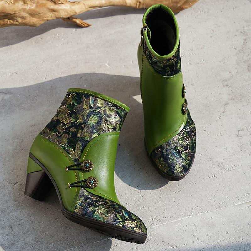 Johnature Retro Genuine Leather Patchwork Jacquard Fabric High-heeled Women's Short Boots