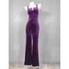 Export Lu's Elegant Diamond Decorations Shiny Purple Velvet Texture Sexy Low-Cut Sheath Jumpsuit Pants with Chest Pad