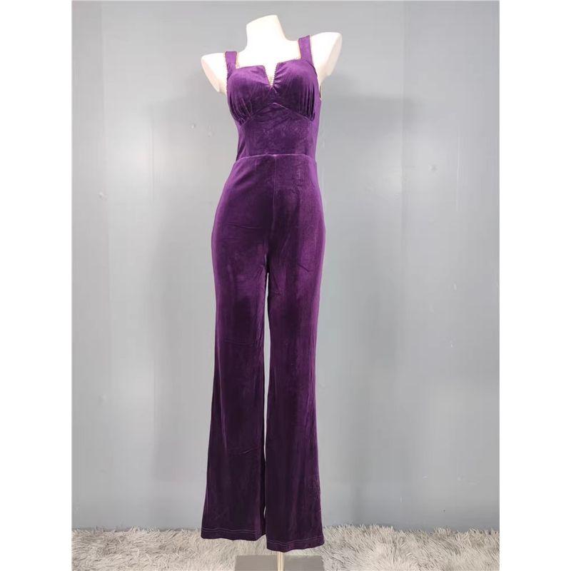 Export Lu's Elegant Diamond Decorations Shiny Purple Velvet Texture Sexy Low-Cut Sheath Jumpsuit Pants with Chest Pad