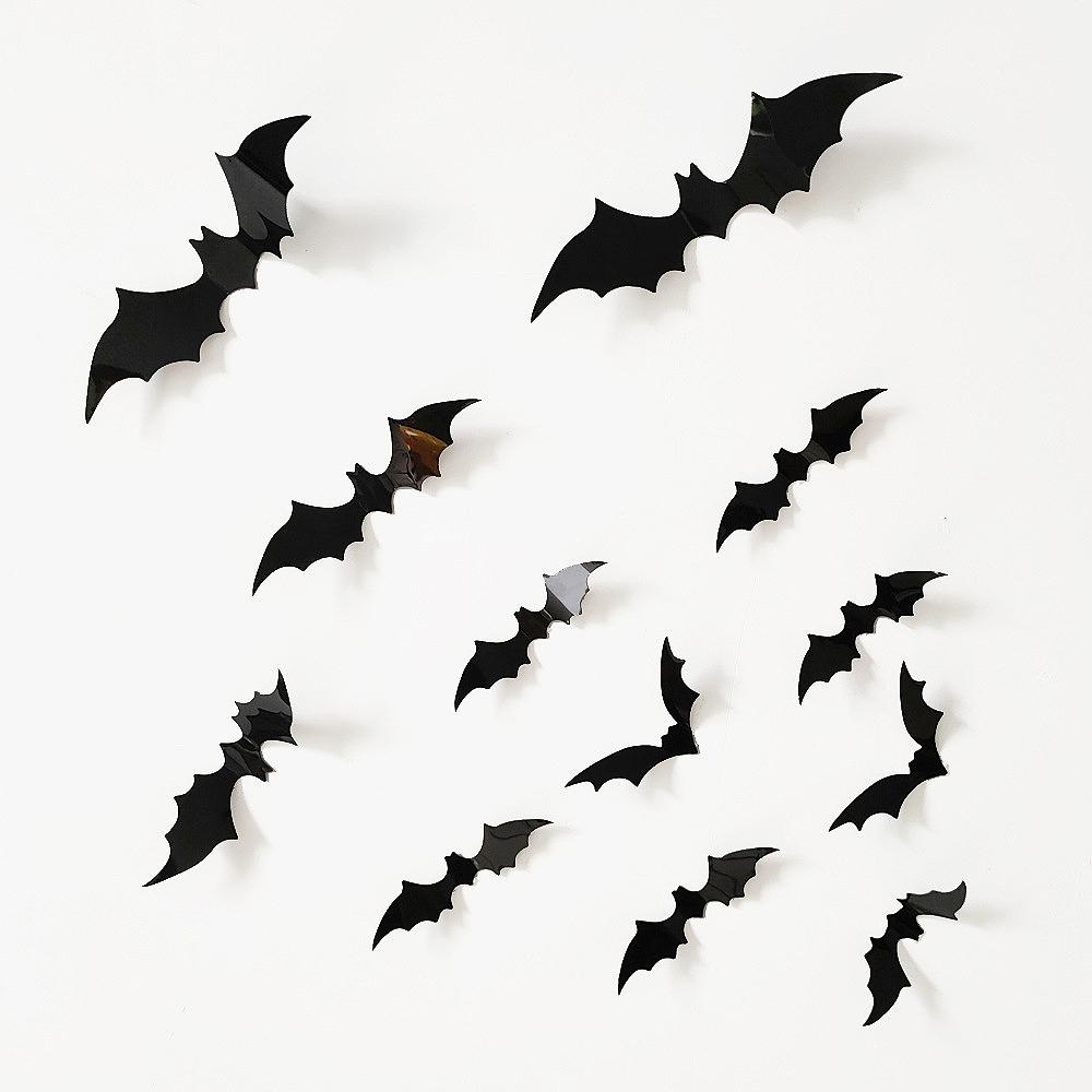 12Pcspack Halloween Black Bat Wall Stickers 3D Stickers Living Room Background Wall Decoration Red Bat Stickers Wholesale