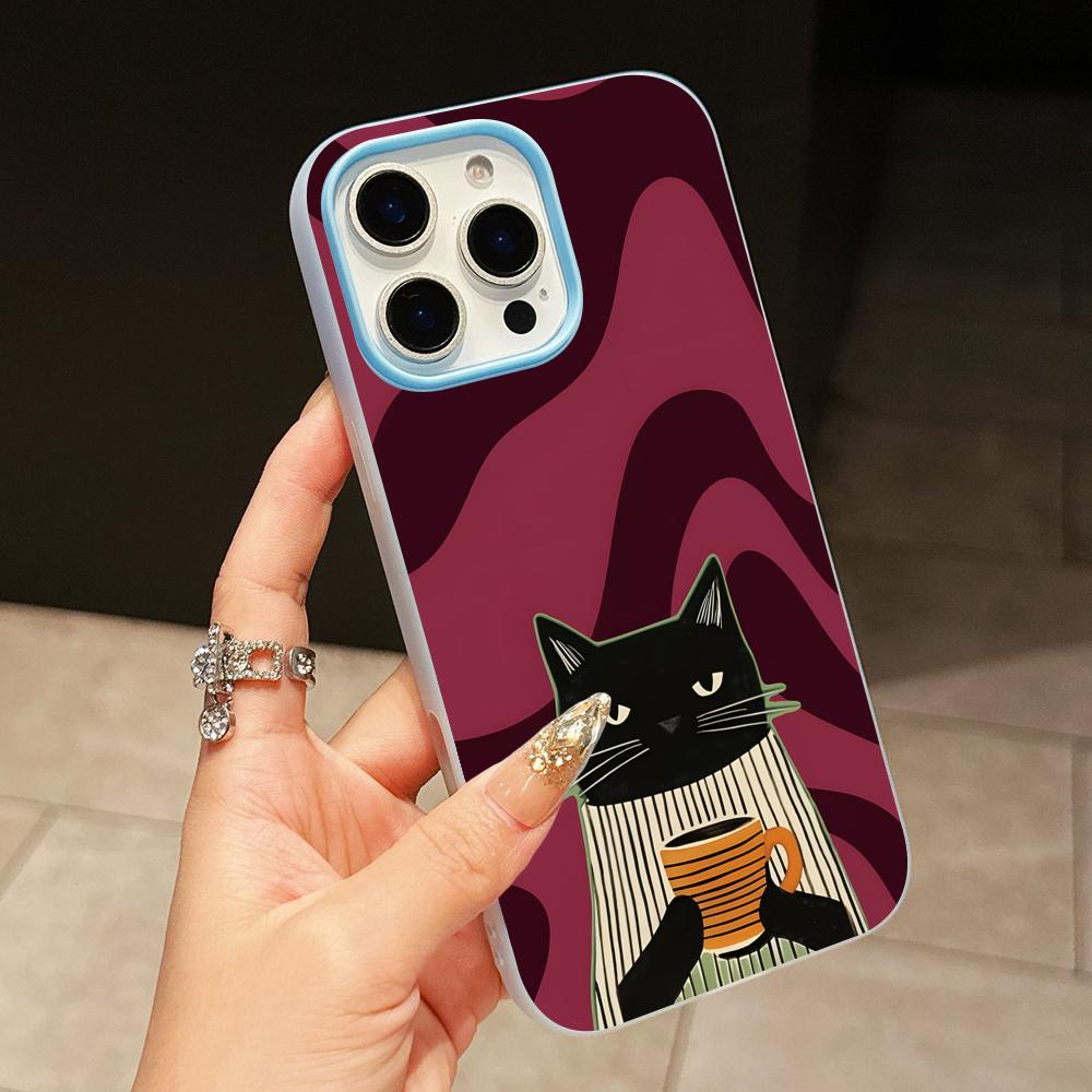 Cute Coffee Cat Jelly Double layer Light Blue Mobile Phone Case for iPhone 17 16 15 14 13 12 11 Air Pro Max Plus Protective