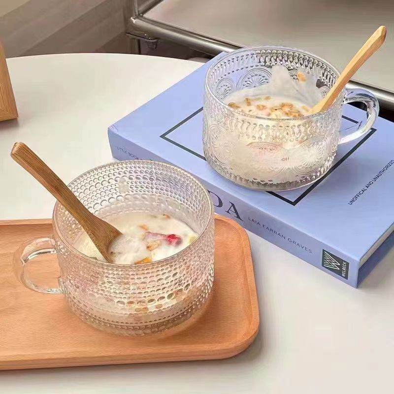 Glass Breakfast Cup with Handle, Oat Cup, Household Transparent Relief Glass Cup, Yogurt Cup
