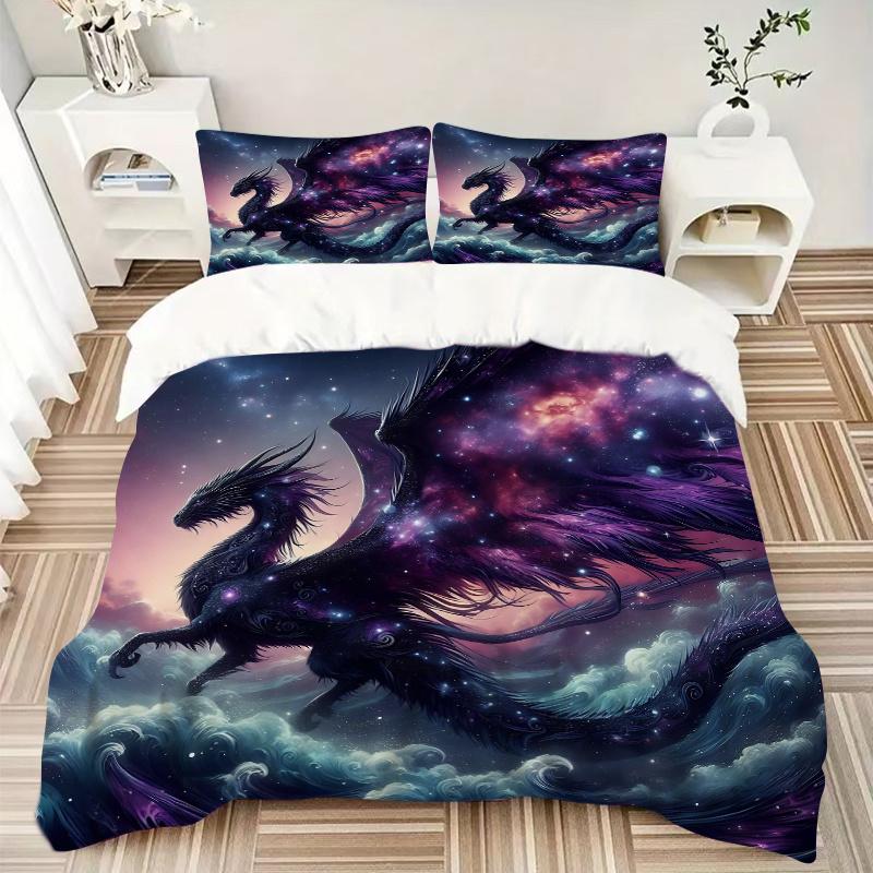 3pcs Cosmic Dragon Soaring Through Celestial Waves Printed Bedding Set, Soft and Comfortable Quilt Cover for Bedroom, Guest Room (1 Duvet Co