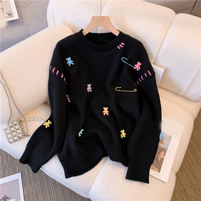Suéter coreano elegante Kawaii para mujer, suéter holgado de manga larga con cuello redondo para otoño e invierno, jersey informal de moda para mujer