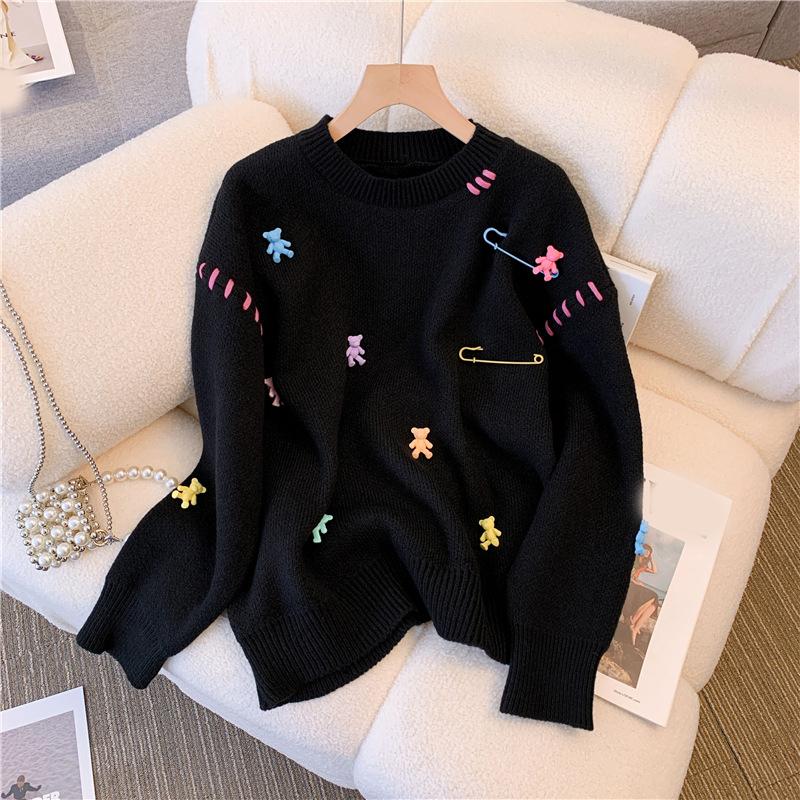 

Стильный корейский свитер Kawaii для женщин, осень-зима, с длинным рукавом и круглым вырезом, свободный топ, пуловер, повседневный, модный, женский, шикарный джемпер L