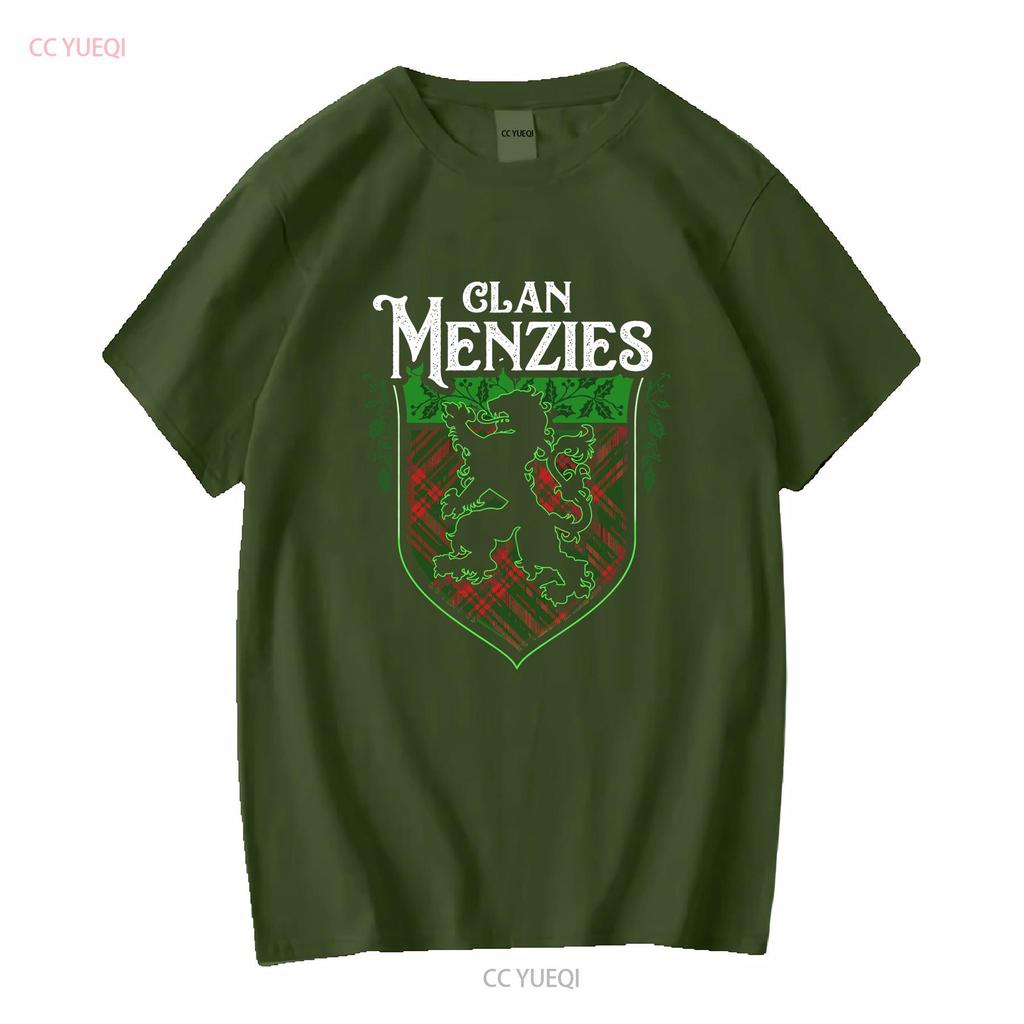 Clan Menzies Scottish Tartan Lion Rampant T Shirt Crest Last Name Surname Womens Long or Short Sleeves Vintage Washed Graphic