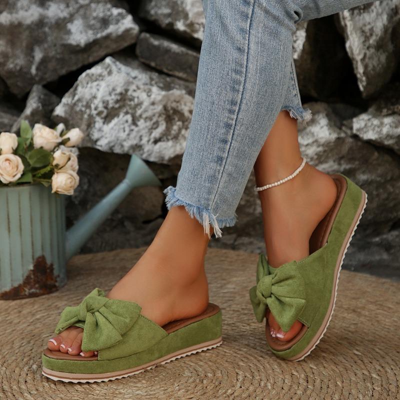 Women's Summer Wedge Thick-Soled Peep-Toe Bow Slide Sandals, Beach Casual Footwear, Available In Large Sizes.