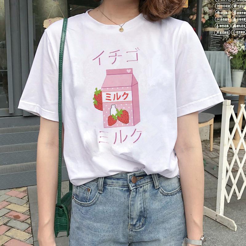 Kawaii Women T-Shirt Cartoon Milk Print Funny Top Female T Shirt Ulzzang Harajuku Aesthetic Casual O-Neck Ladies Tee Clothing