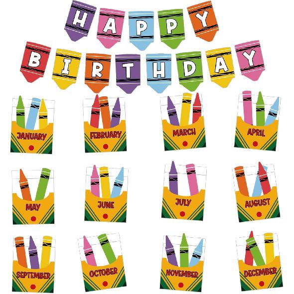 BelleAngle Happy Birthday Bulletin Board Decorations Set Colorful Crayon Birthday Bulletin Board Sets Classroom Birthday Chart for Back to School