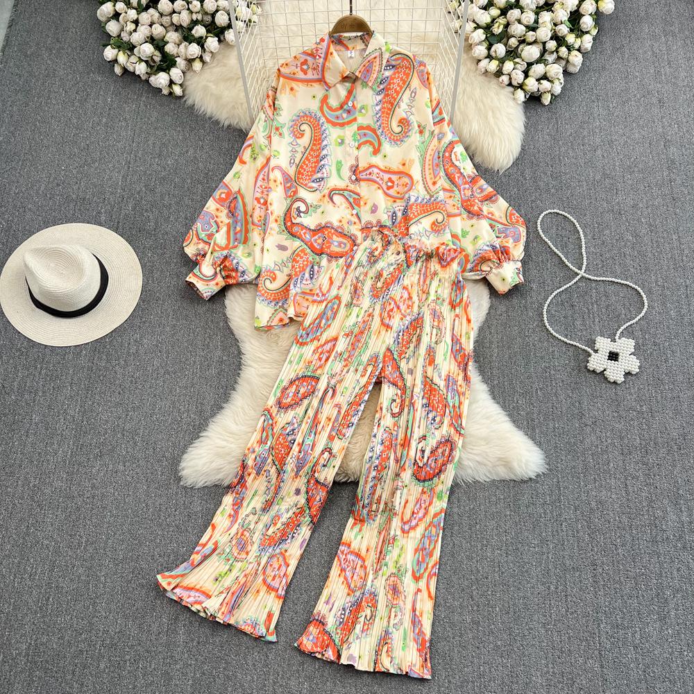 Mulheres pijamas floral casual elegante 2 peças conjunto camisas soltas topos perna larga calça terno moda feminina vintage sexy pijamas novo