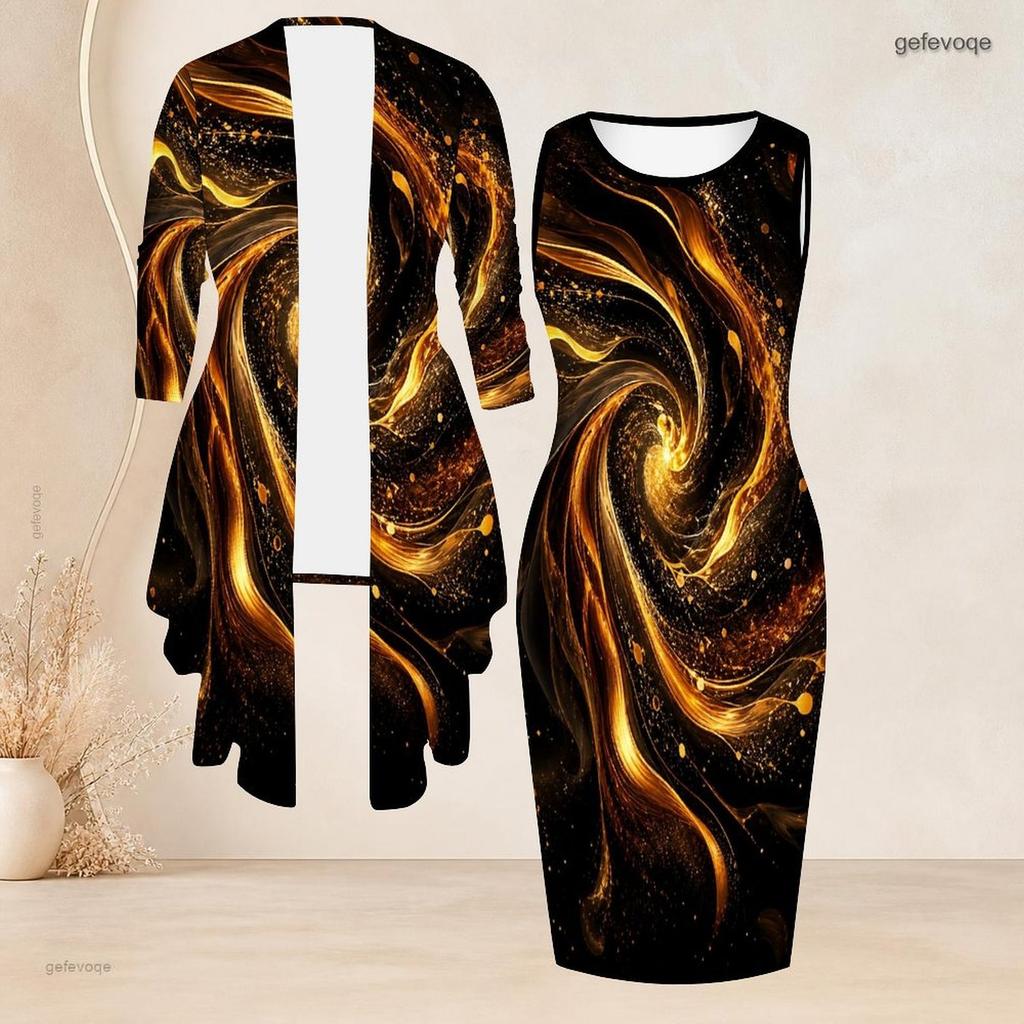 Women Plus Size Two Piece Set Sleeveless Bodycon Dress Long Sleeve Draped Cardigan Printed Black Teal Gold