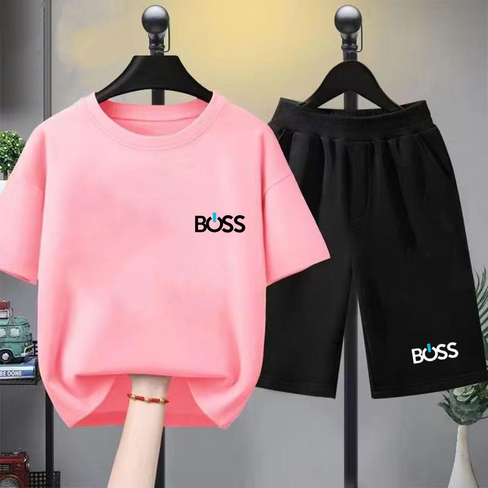 Children's summer short-sleeved printed T-shirt set, white and black T-shirt + shorts two-piece set.