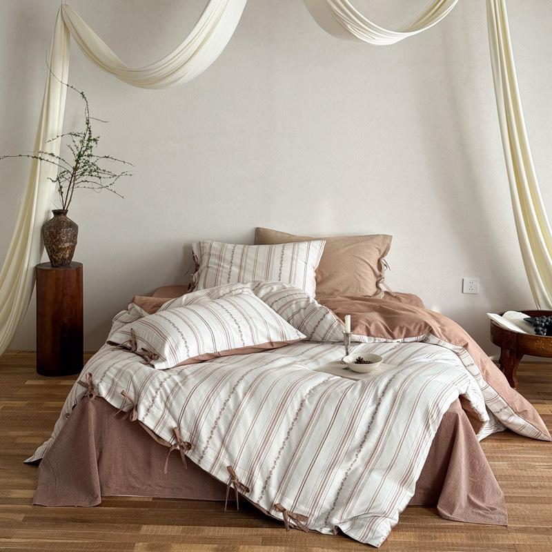 Bed Cotton Four-piece Set Thickened Yarn-dyed Washed Cotton Cut Cotton Strap Quilt Cover Bed Sheet Bedding Bed Hat