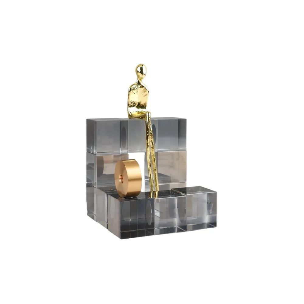 Glass Craft Geometric Stair Crystal Ornament Metal Gold Art Sculpture Metal Decorative Figurines Home Decoration Accessories