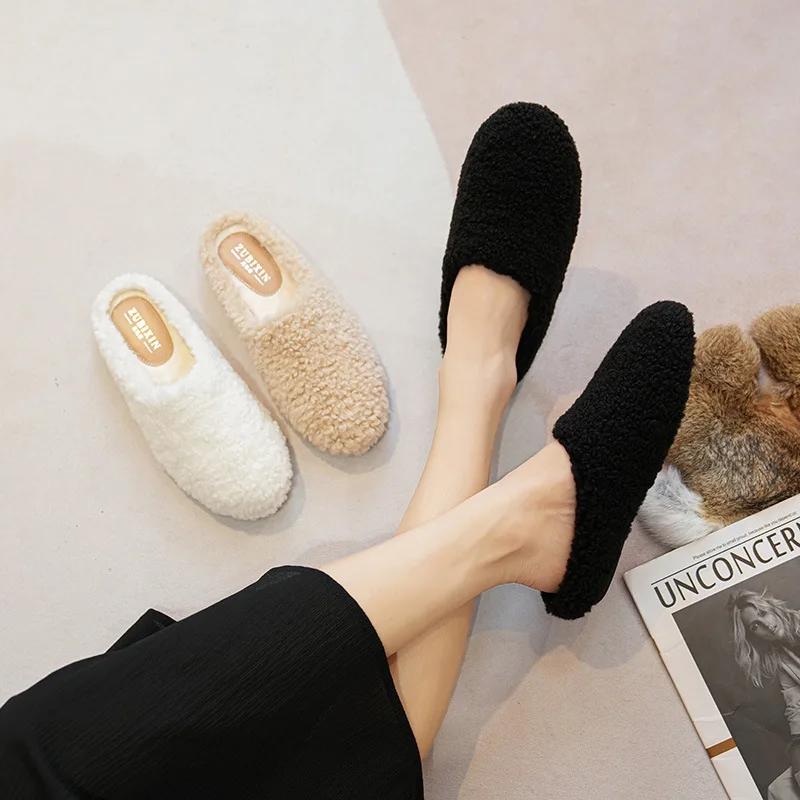 Fashion Women's Lambswool Slippers, Sheepskin and Fur Shoes, Women's Flat Cotton Slippers, Slip-on Mules, Plus Size 43, Winter