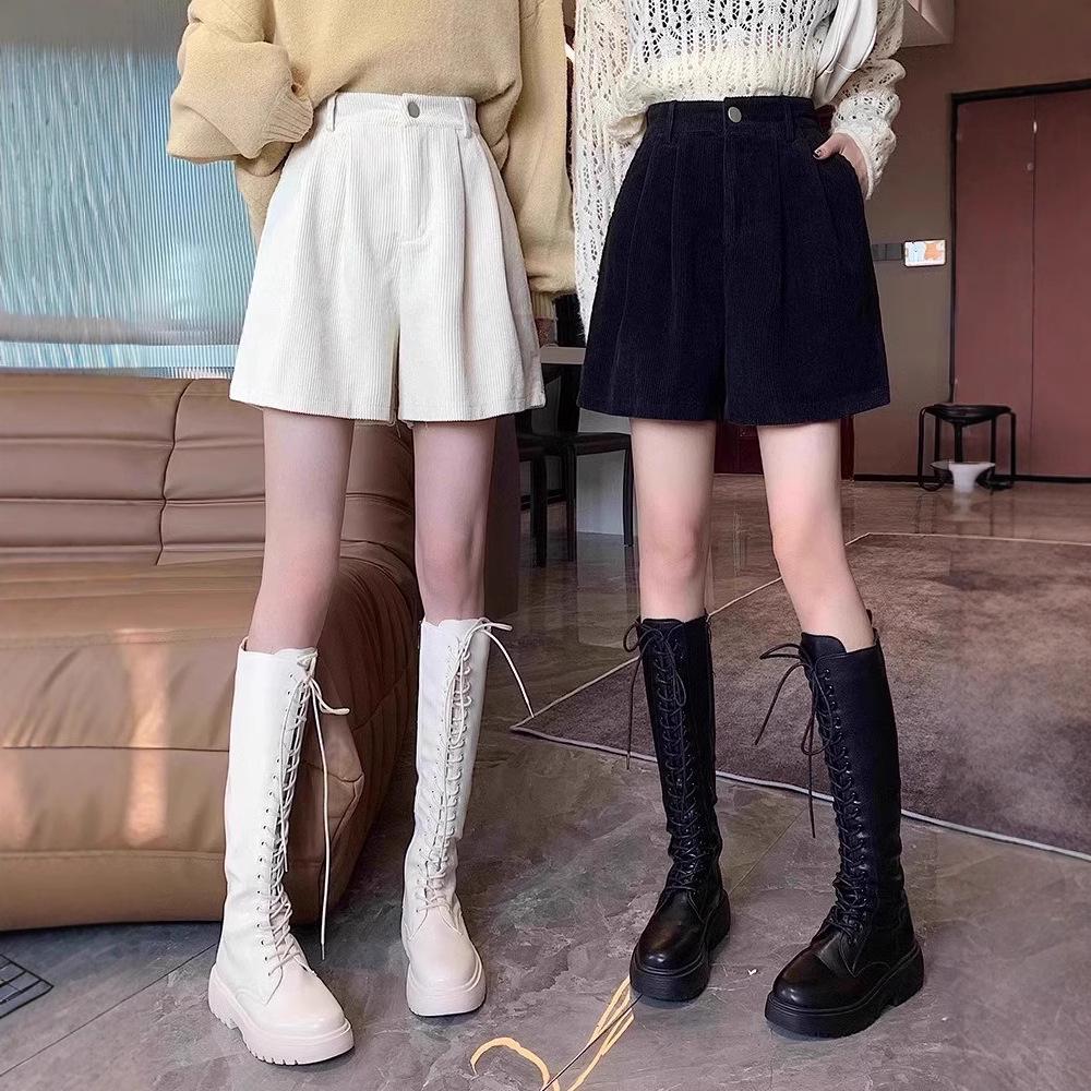

Corduroy A-Line Booty Shorts with Long Boots for Petite Women, High Waist Autumn/Winter Wear M [Suggested 90-104 lbs]