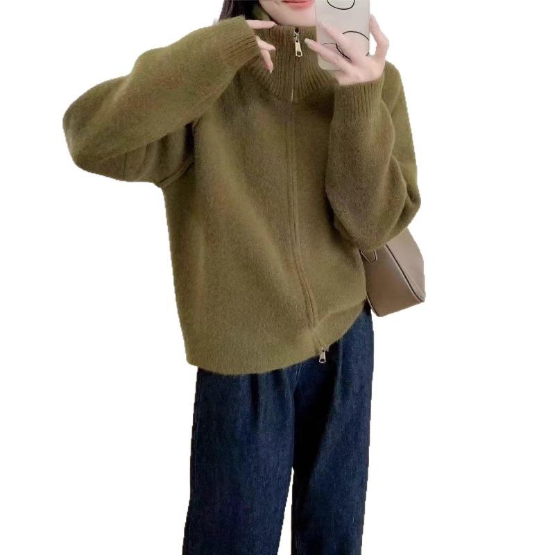 New Simple Temperament Stand-up Collar Double Zipper Knitted Cardigan Women's Shoulder-plugged Reverse Cover Long-sleeved Thick Coat