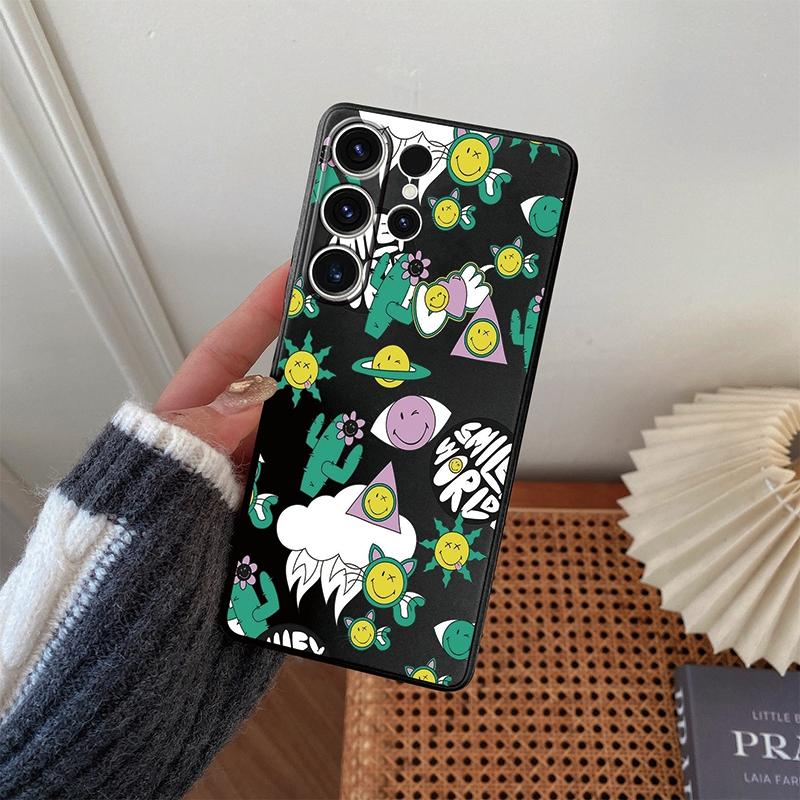 Graffiti Emoticons Patterned Soft Silicone Black Case For Xiaomi Redmi Note 13 Pro 13C Samsung A55 A35 S24 iPhone Camera Protective Shockproof Cover