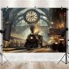 1 piece vintage steam train station background flag, suitable for photo taking, birthday, anniversary, wedding and all s