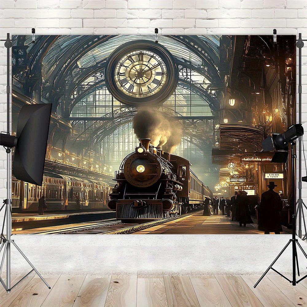 1 piece vintage steam train station background flag, suitable for photo taking, birthday, anniversary, wedding and all s