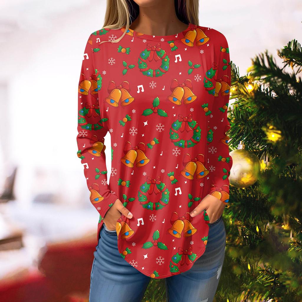 Women's Loose Round Neck Christmas Printed Long Sleeve T-Shirt Tops Pullover