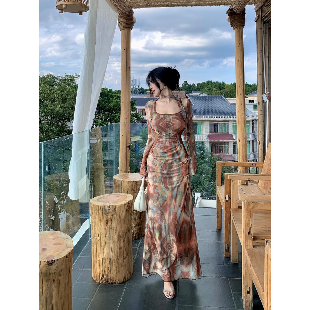 Wasteland wind desert vacation wind mesh long-sleeved dress women's autumn design sense streamer temperament slim dress women
