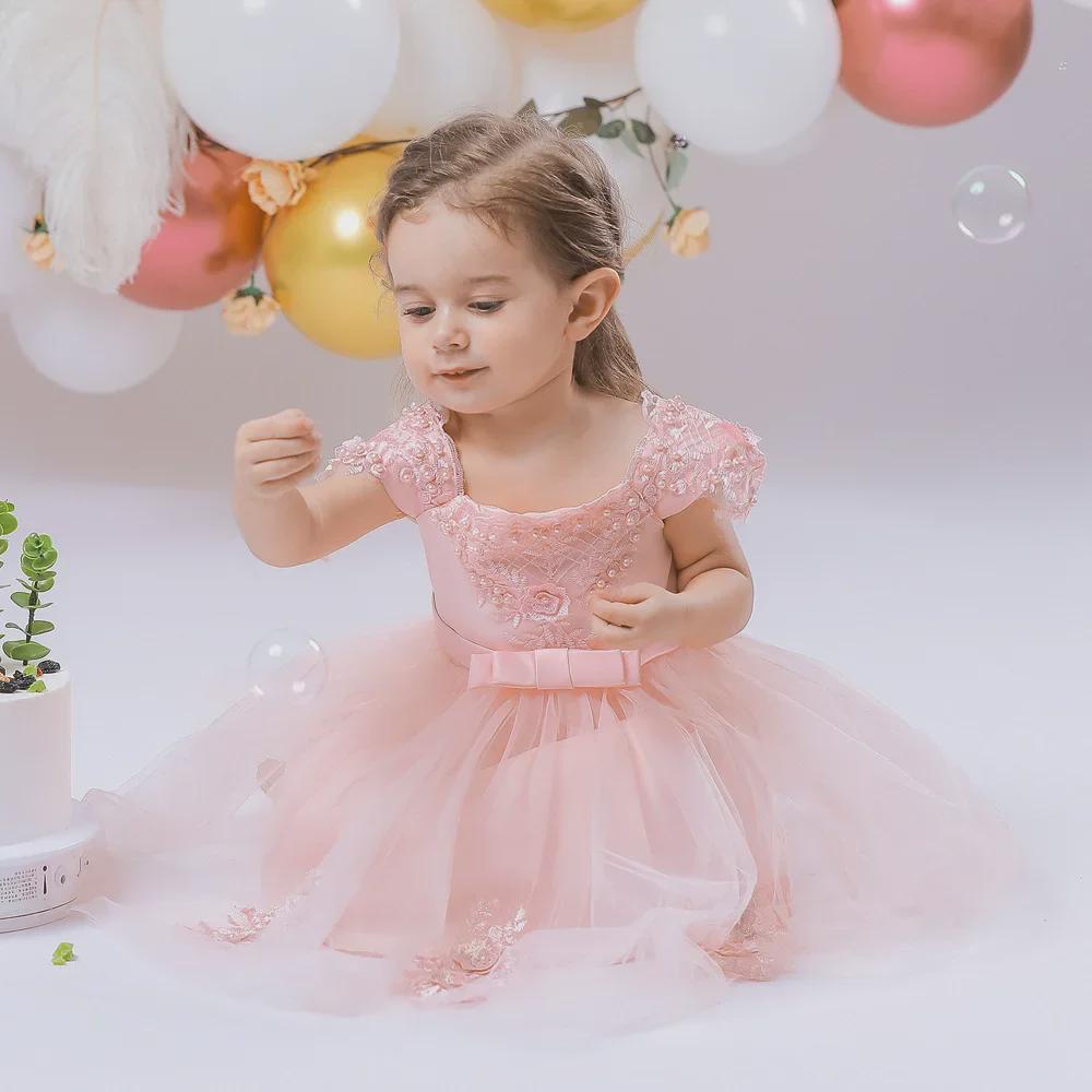 One-Shoulder Fluffy Baby Christening Dress with Beaded Flower and Bow